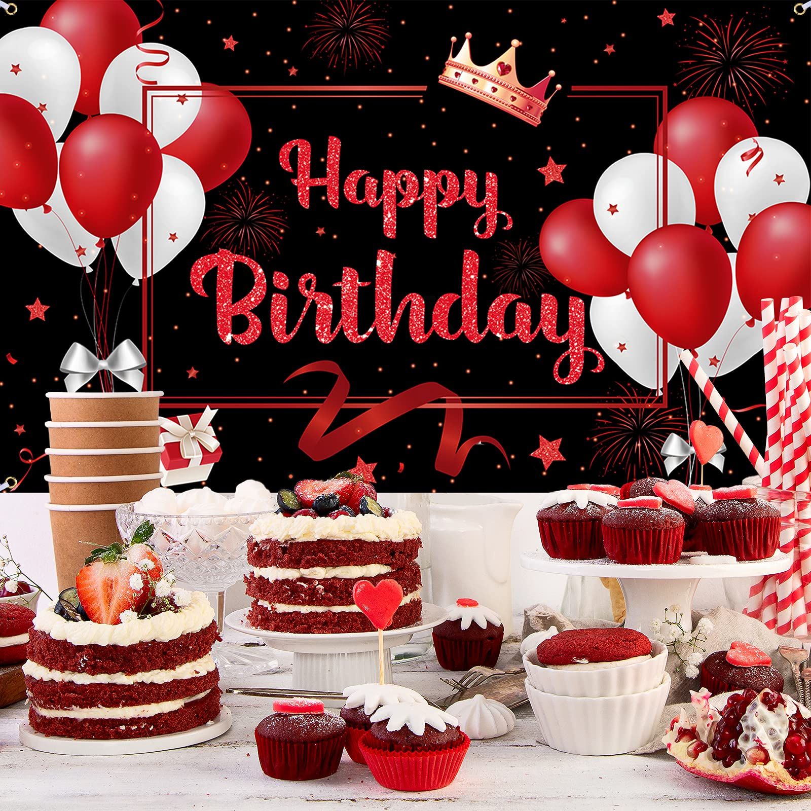 Red Happy Birthday Banner Decorations Large Red and Black Birthday Backdrop Sign in Birthday Decorations Photo 71x44Inch — image 2