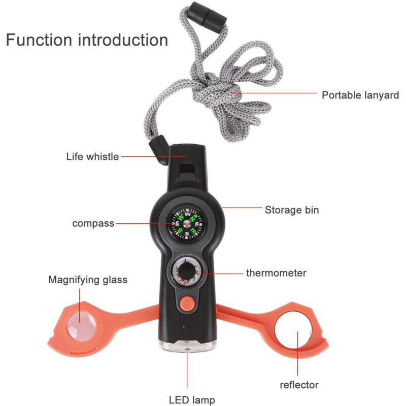 7 in 1 Emergency Survival Whistle, LED Thermometer, Compass, Climbing, Orange — image 3