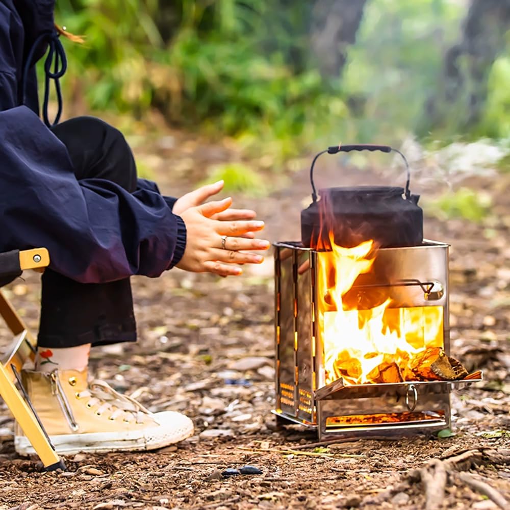 Portable Folding Camping Stove with Grill – Stainless Steel Wood-Burning Fire Pit for Hiking, Backpacking, BBQ & Outdoor Cooking (Silver) — image 2
