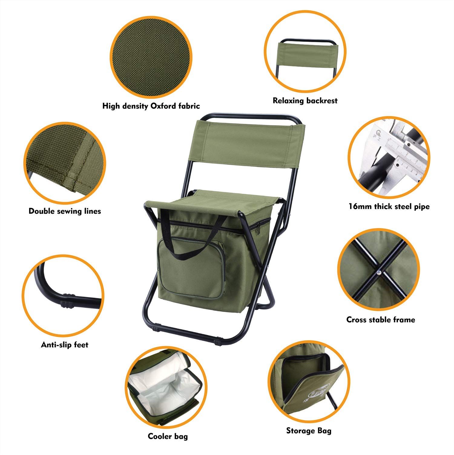 Outdoor three in one leisure camping and fishing chairs Fishing Chair with Cooler Bag Foldable Compact Fishing Stool,Green — image 3