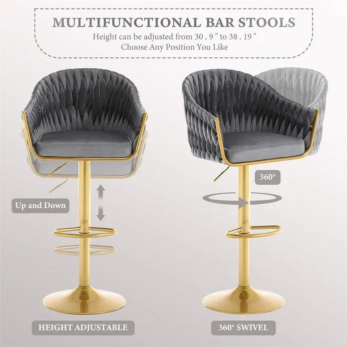 SERENITà GP1863 Modern Velvet Breakfast Bar Stools Swivel Barstools Adjustable Counter Stools with Backrest (Gold-Grey) — image 3