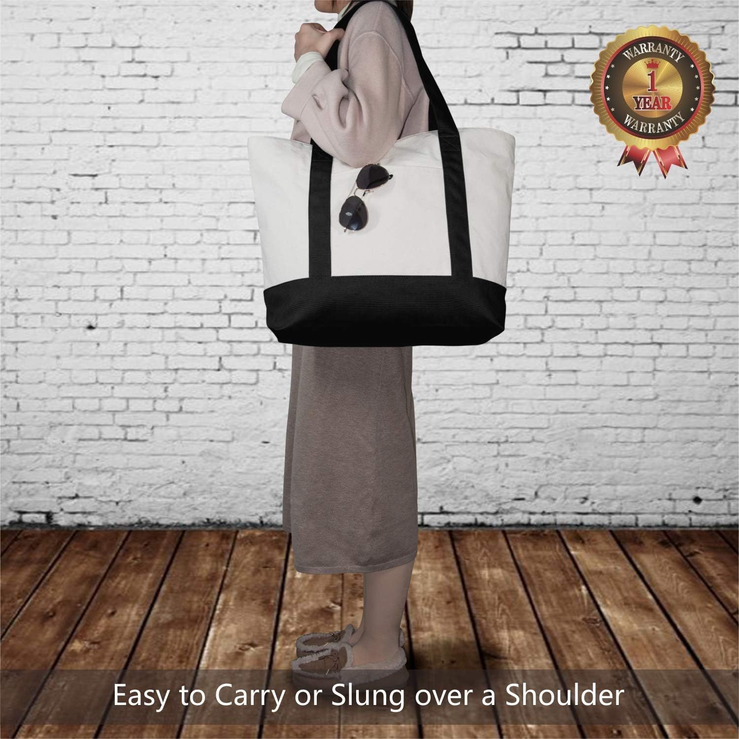 1 | 3 | 6 | 30 Pack Canvas Tote Bag with an External Pocket, Reusable Grocery Shopping Bag, Top Zipper Closure, Daily Essentials (Black/Natural Pack of 1) — image 2