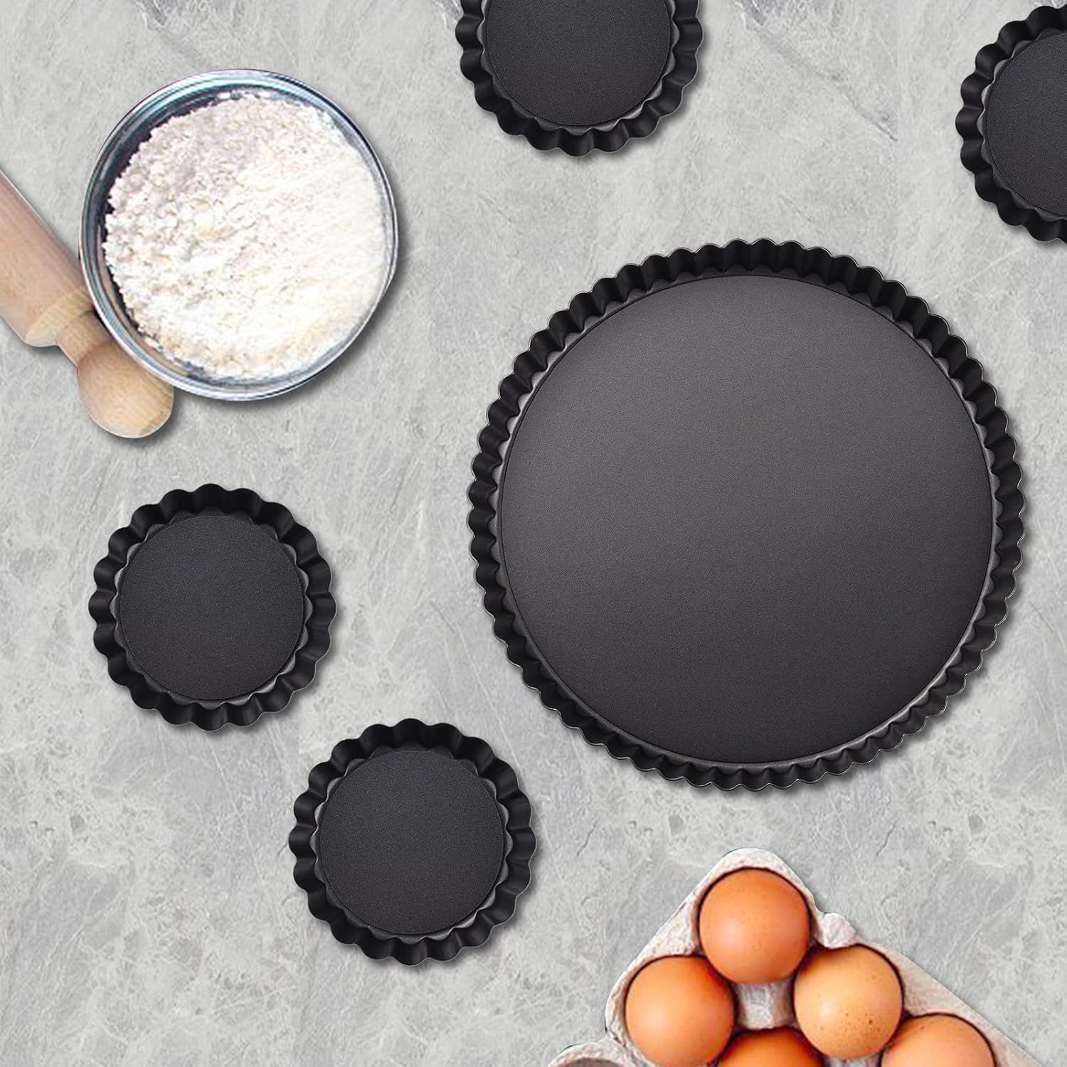 9 in Non-Stick Tart and Quiche Pan with Removable Bottom and 4 Mini Tart Pans 4-inch, Heavy Duty Fluted Side for Pies, Mousse Cakes, Dessert Baking (5 Pack) — image 2