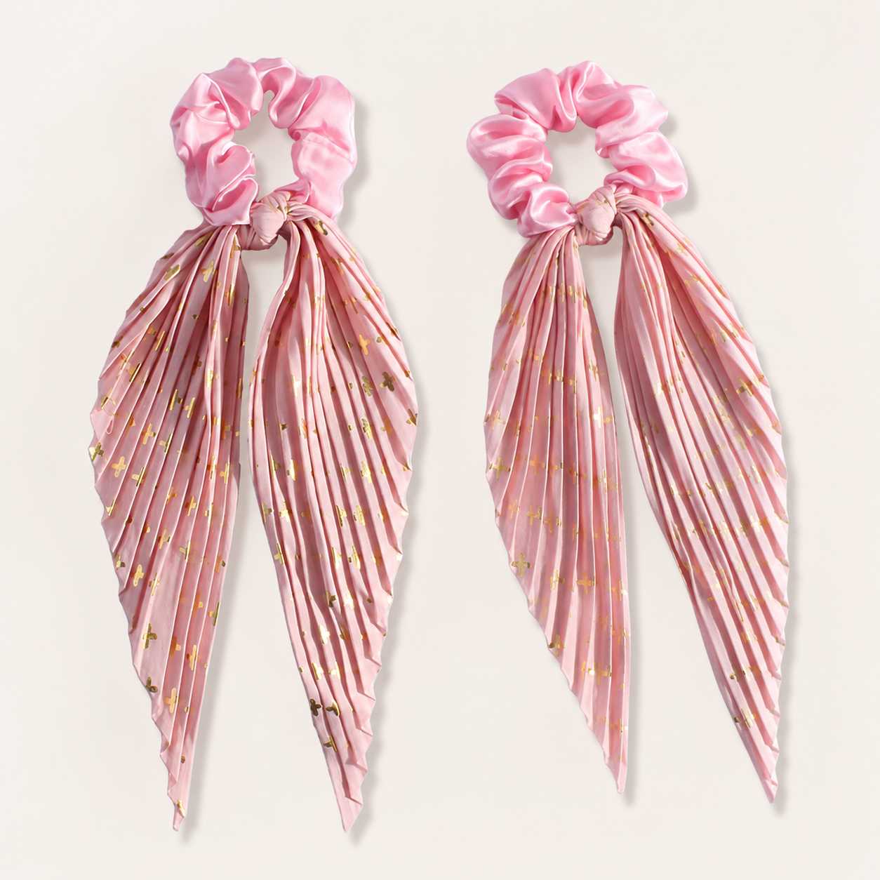 Pink Vintage Ribbon Ponytail Scrunchie 2 Pack for Women Pleated Satin Hair Tie with Long Ribbon Tails Elegant Retro Hair Accessory for Ponytail โ image 3