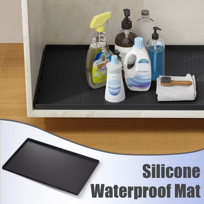 Waterproof Silicone Under Sink Mat Black Flexible Cabinet Liner with Drainage Hole, 34 x 22in