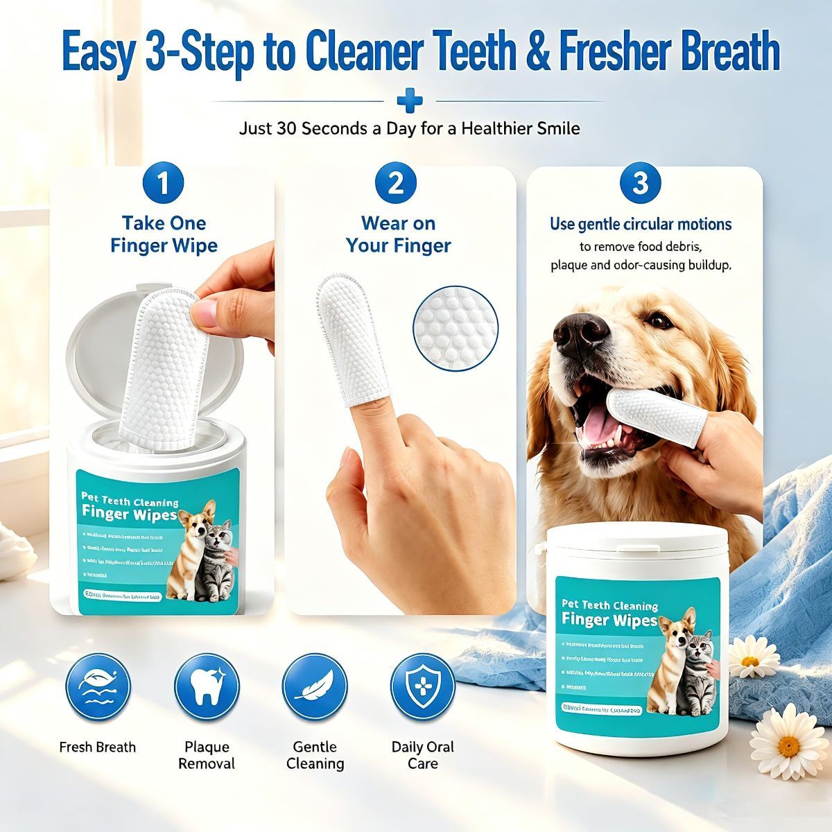 Pet Teeth Cleaning Finger Wipes for Dogs & Cats, Gentle Daily Oral Care Dental Wipes Helps Reduce Plaque Tartar & Freshens Breath, Dog Toothbrush Alternative — image 5