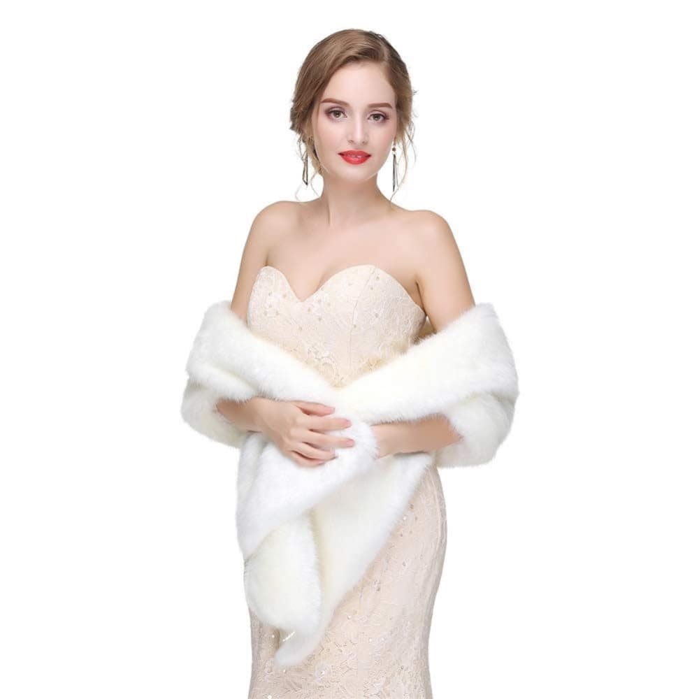 White Faux Fur Scarf Shawl for Women, Warm Large Long, with Faux Fur Trim, for Party Wedding Evening Dress Winter — image 4