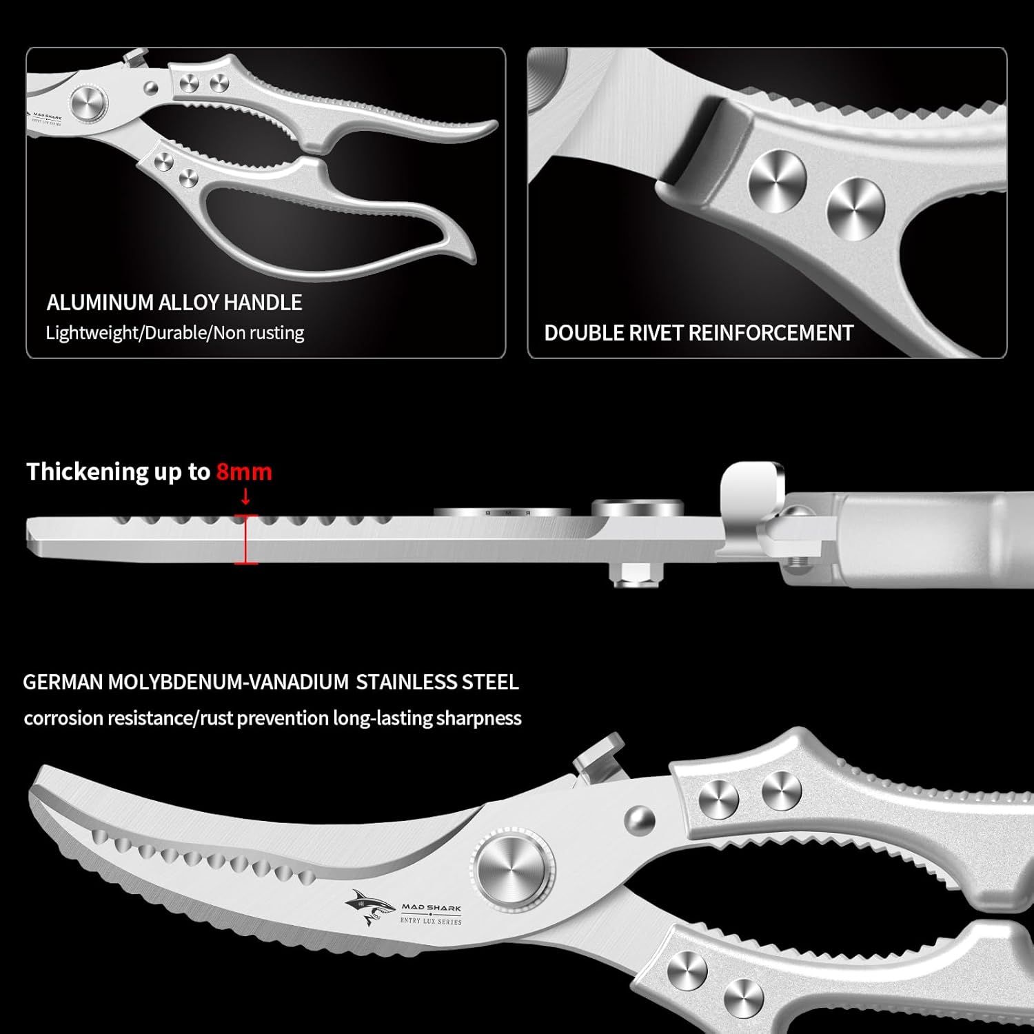 Heavy Duty Kitchen Shears, Poultry Scissors for Cutting Chicken Bones, German Stainless Steel, All-Metal Design, Spring-Loaded, Dishwasher Safe (Silver) — image 6