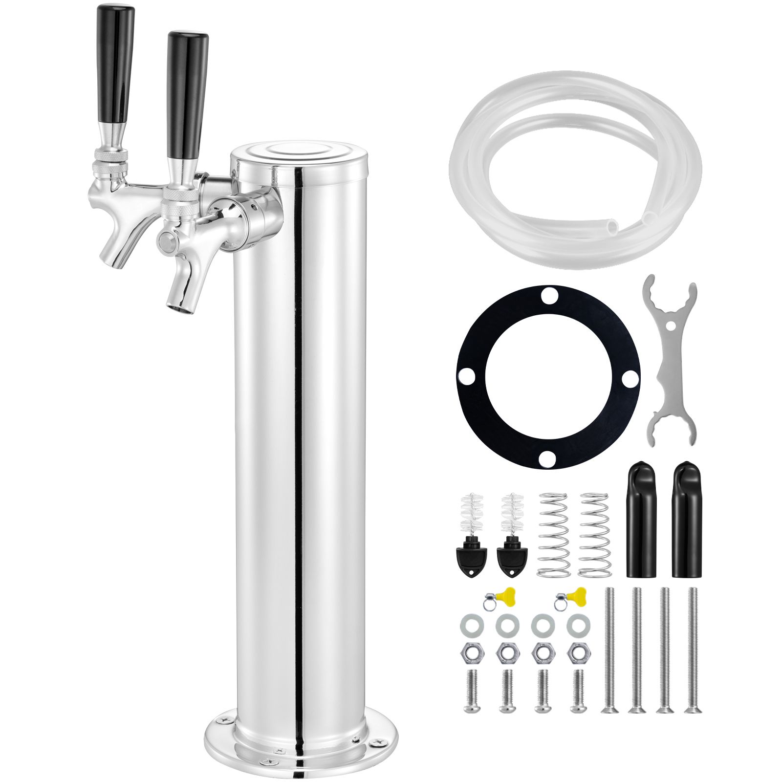 Dual Taps Draft Beer Tower Dispenser, Stainless Steel Keg Beer Tower, Kegerator Tower Kit with Pre-Assembled Tubing and Self-Closing Faucet Shanks for Party