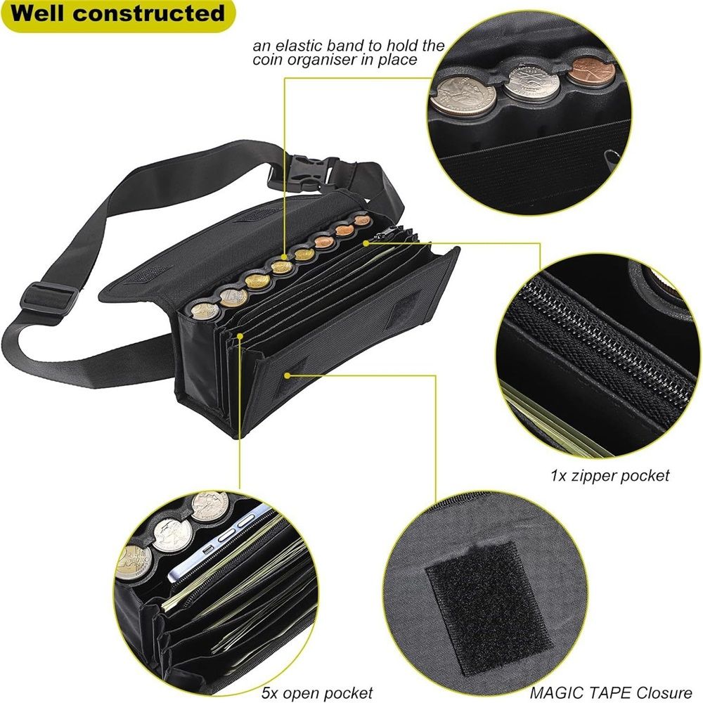 Coin Holder Coin Dispenser, Pack with Banknote Waiters Purse Coin Sorter Coin Organizer, Black Coin Storage Bag for Waitress Server Collector Cashier — image 5
