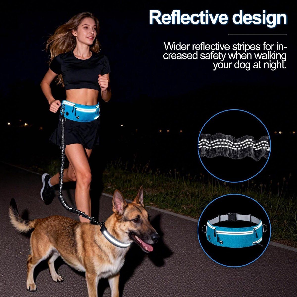 Dog Running Leash, Adjustable waist belt with pockets, reflective elastic cord and double handles, walking and trail running, blue โ image 2