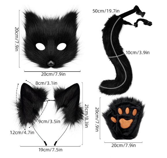 Black and white Halloween Furry Fox Costume Set - Plush Mask, Ears Headband, Tail, and Paws for Cosplay โ image 6