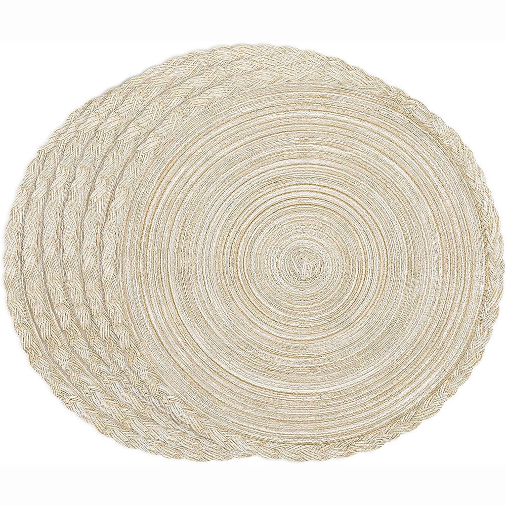 38cm Round Braided Placemats Set of 4, Washable Heat Resistant Circle Boho Place Mats for Kitchen Dining Table -（beige）