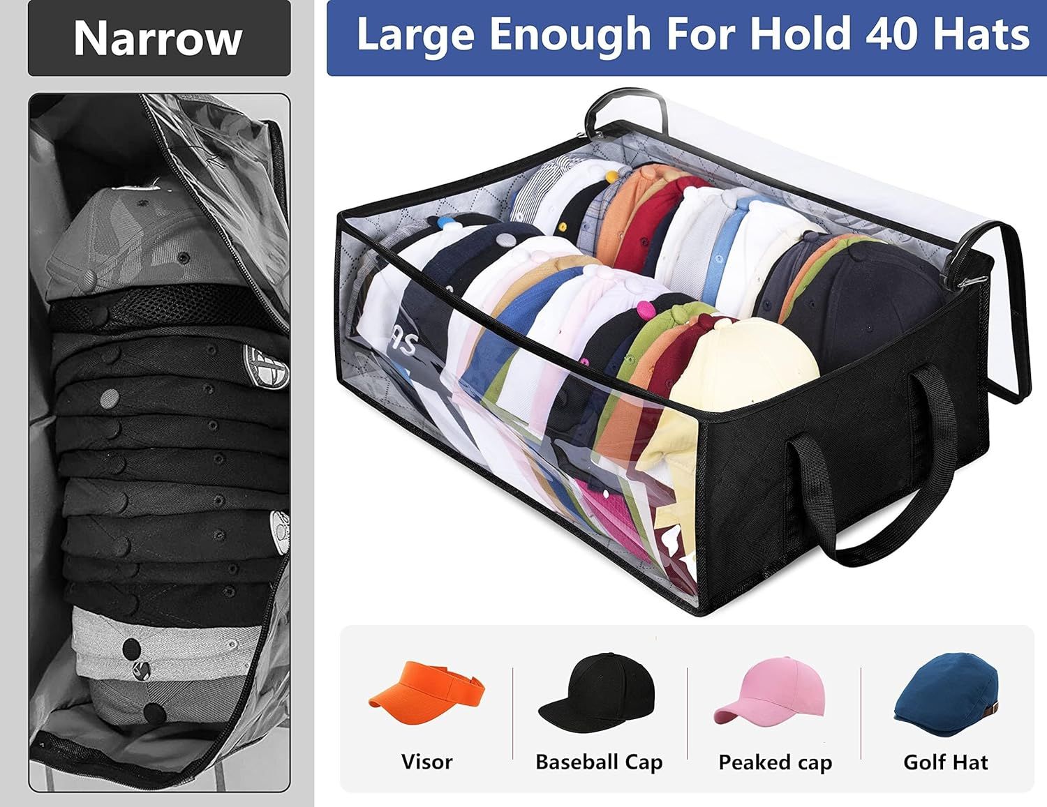 Large Capacity Foldable Hat Organizer Storage Box with Clear See-Through Window for Baseball Caps, Clothes, Toys, and Books, Underbed and Closet Container — image 2