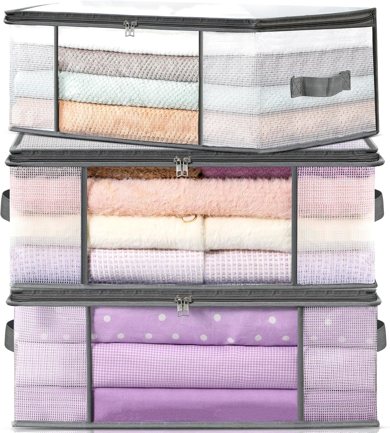 3-Pack Clothes Storage Bags, Plastic Foldable Blanket bins, Closet Organizer Container for Bedroom, Bedding, Comforters, Pillows, and Clothing - 35L with