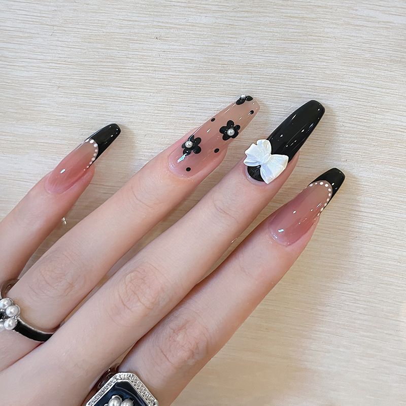 Cute Long Coffin Press on Nails Black Glossy Fake Nails Design Flower Bow French False Nails Tips Full Cover Halloween 24Pcs — image 2