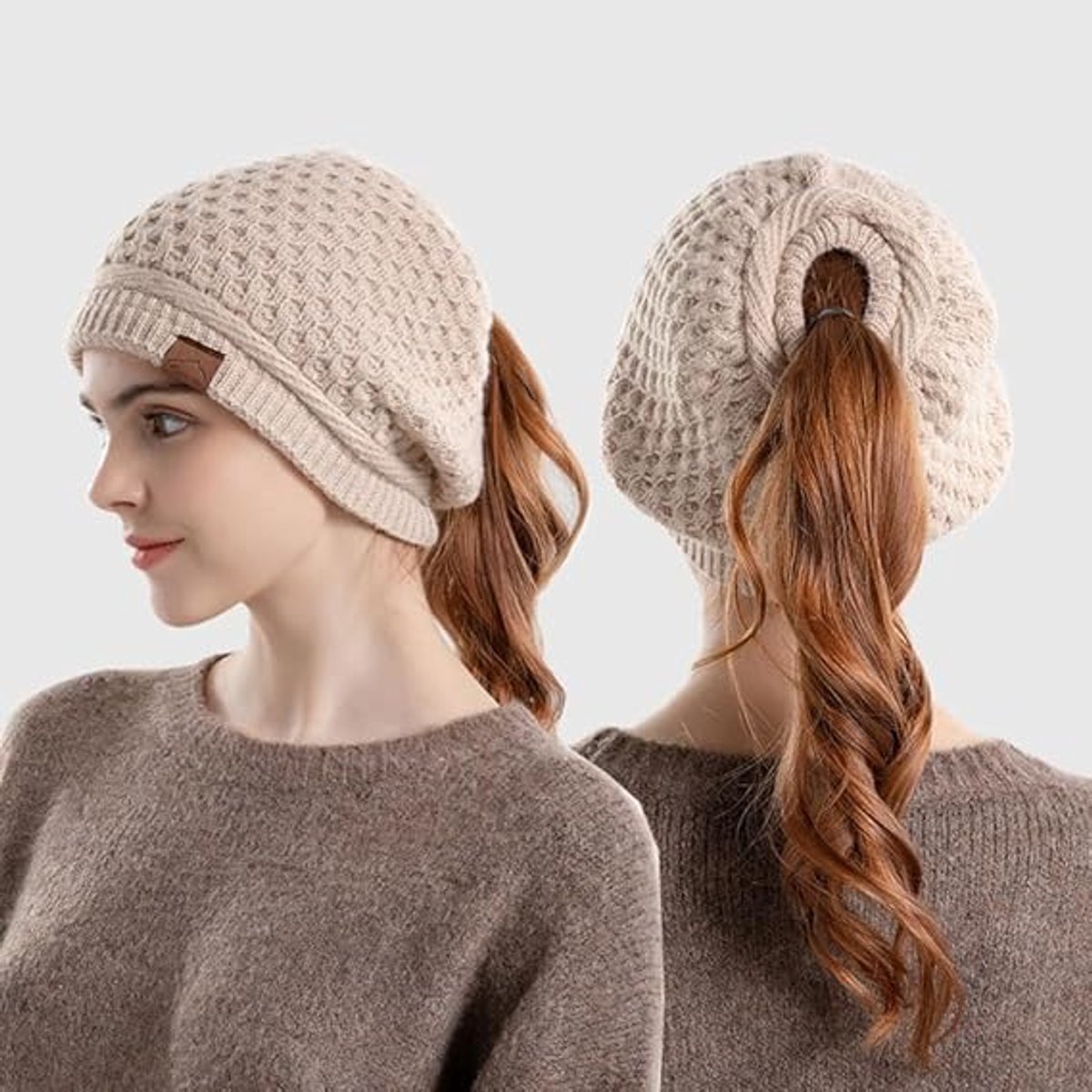 Women's winter hat - Knitted hat with ponytail opening - Oversized cable-knit winter hat - Hat with skull motif — image 2