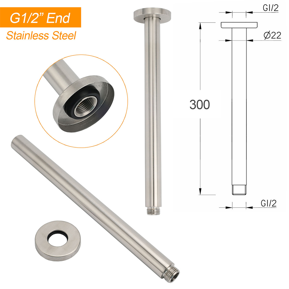 Brushed Nickel Round 12" Shower Rain Head + 300mm Brass Ceiling Dropper Arm Set — image 3