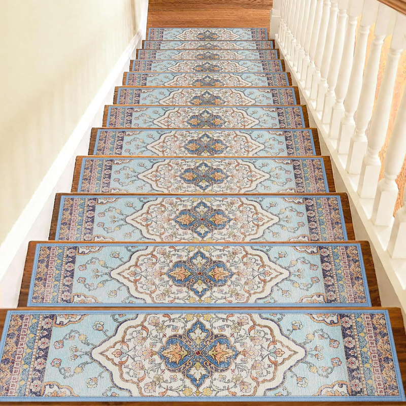 4 Pcs Blue Vintage Floral Non Slip Stair Treads, Adhesive Carpet Runners for Wooden Steps Pets and Seniors, 8 × 30 in