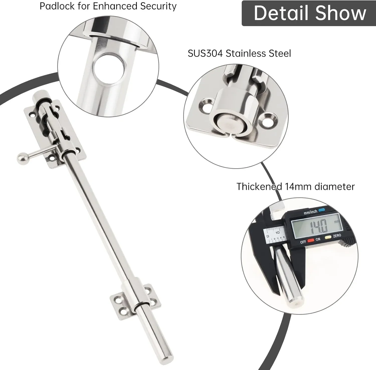 Barrel Bolt Door Latch 14 Inch 304 Stainless Steel Heavy Duty Slide Lock for Gate Barn Door with 8.5 mm Padlock Hole Silver โ image 3