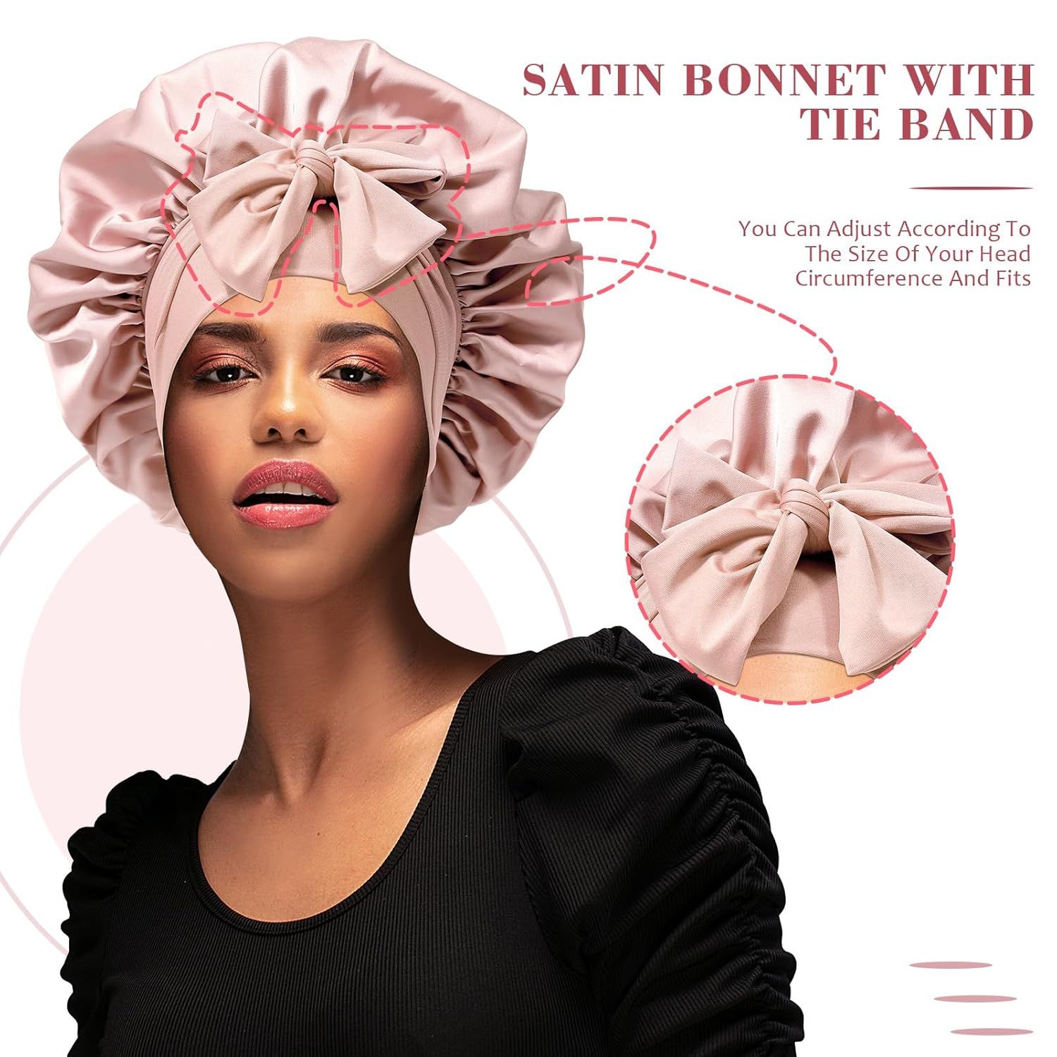 Satin Hair Bonnet with Wide Band Silk Sleeping Bonnets Hair Wrap or Women Girls Night Cap with Tie Band Satin Bonnet (Light Pink) โ image 4