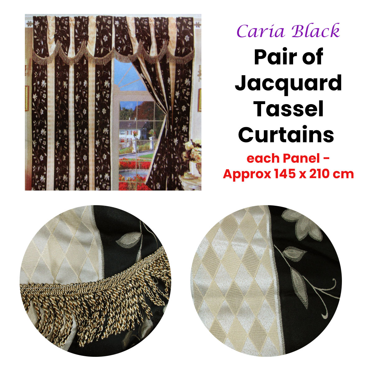 Pair of Caria Black Jacquard Tassels Unlined Curtains 145 x 210 cm โ image 2