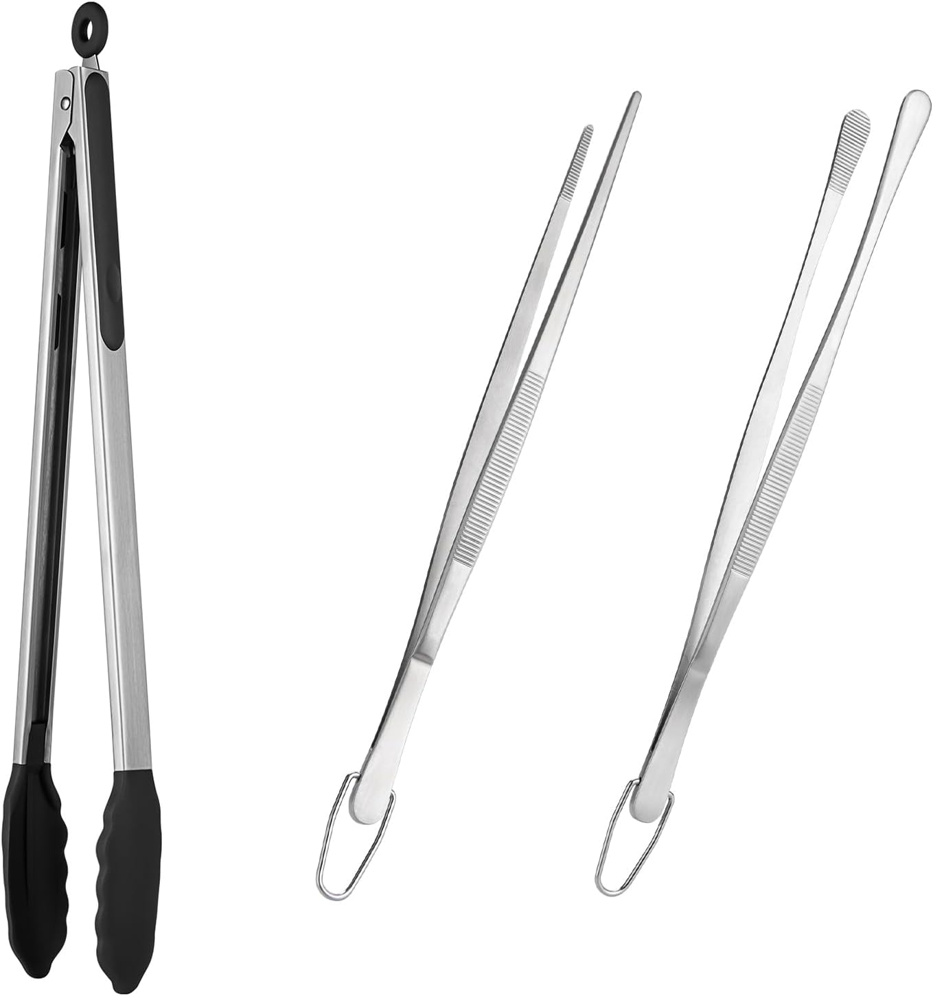 600ºF Heat Resistant 16in Silicone Cooking Tongs with Non Stick Rubber Tips (Black) and 12" Kitchen Tweezer Set: 18/8 Stainless Steel Food-Grade Metal Food