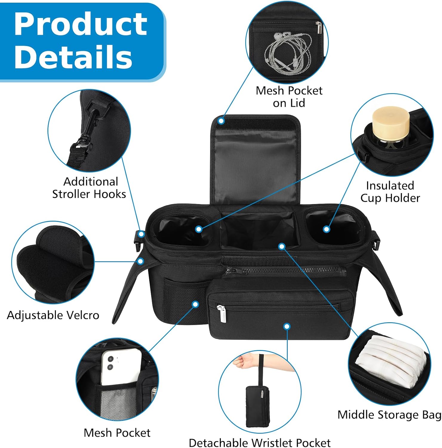 Universal Stroller Organizer with Insulated Cup Holder Detachable Phone Bag and Shoulder Strap,Stroller Bag Caddy Organizer Accessories Fits for Uppababy, Baby โ image 4