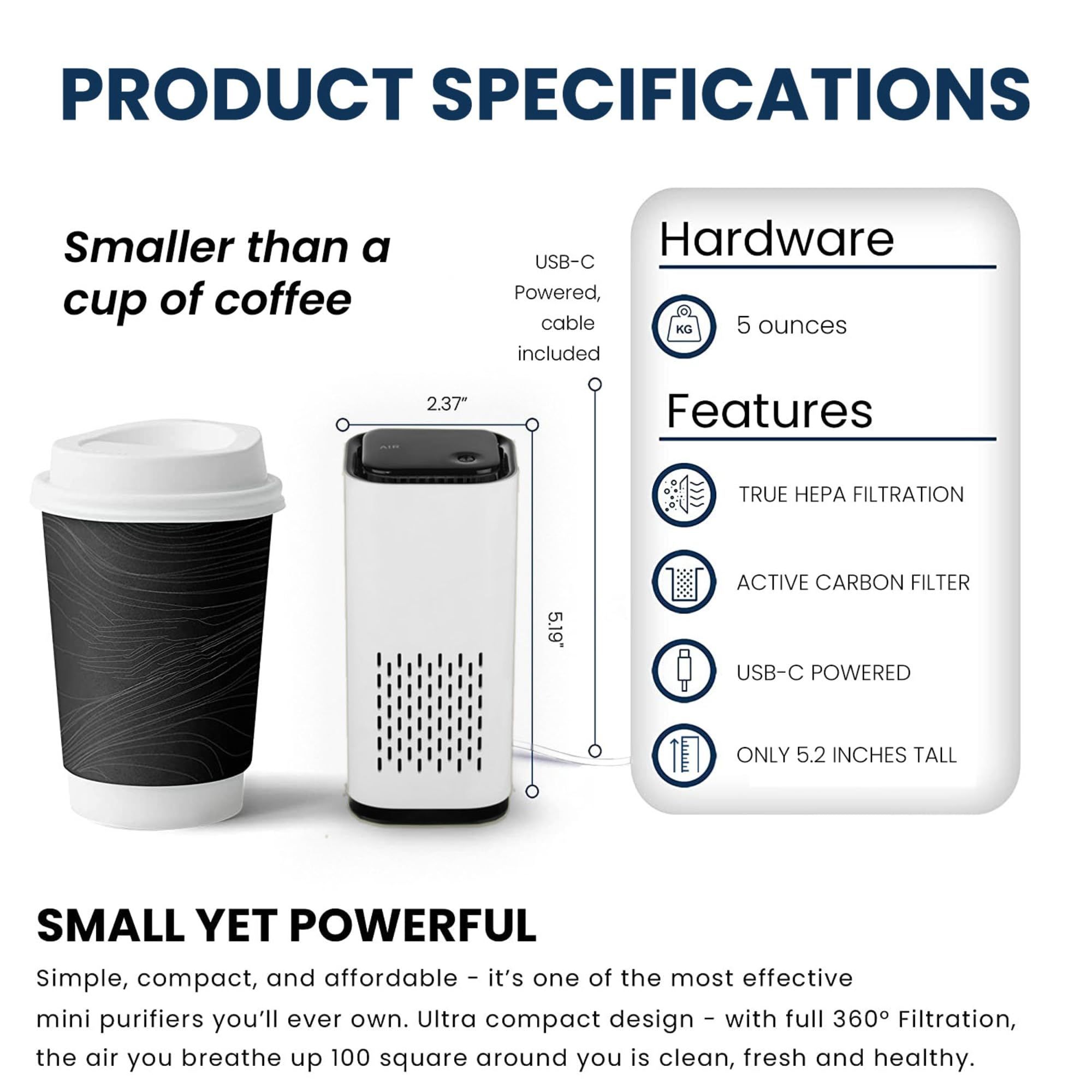 Mini Powered Air Purifier. Ultra Portable (5.2in tall, 6.7 ounces), Ultra Quiet. for Travel, In-Car and Desktop (White) — image 3