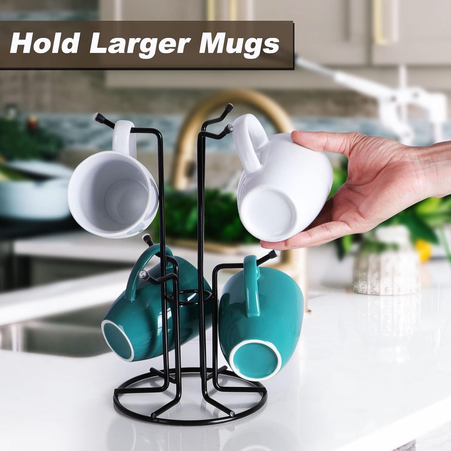 Mug Tree for Large Cups, Counter Coffee Mug Holder with 6 Hooks, Metal Coffee Cup Holder Tree, Standing Rack for Countertop, Kitchen Counter Decor, Black โ image 2
