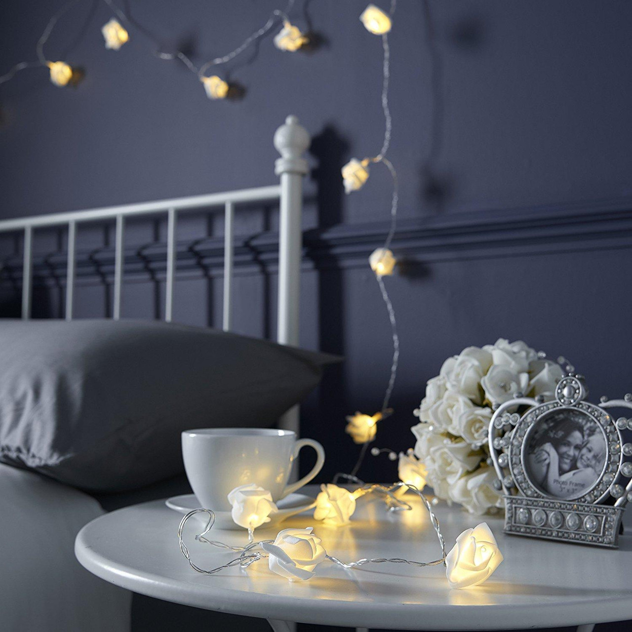50 White Rose 3D Fairy Lights 5M LONG String, Battery (AA) Indoor & Outdoor Decorations Wedding Valentines Romantic Room Table Lighting — image 3