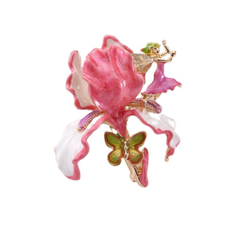 Vintage Large Flower Enamel Brooch with Fairy and Butterfly Pink - Luxury Floral Pin with Gift Box, Elegant Accessory for Women Coat Dress Scarf