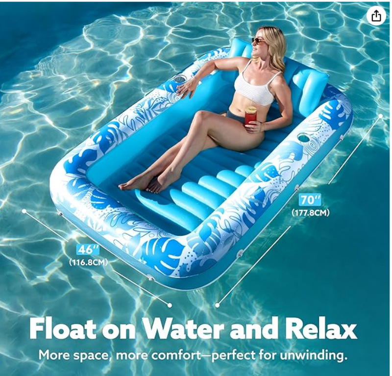 Pink Deluxe Inflatable Suntan Tub & Floating Pool Lounger with Dual Integrated Cup Holders and Pillow - Portable Sunbathing Pool for Lawn & Water — image 2