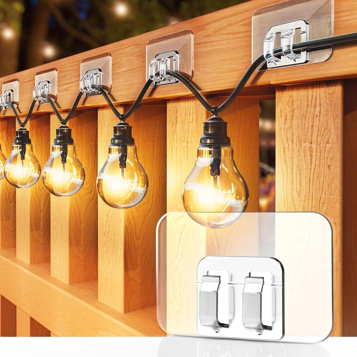 100 pieces Hooks for outdoor lighting - with adhesive strips - No damage, no tools, no holes, waterproof and UV-resistant - Perfect for Christmas and