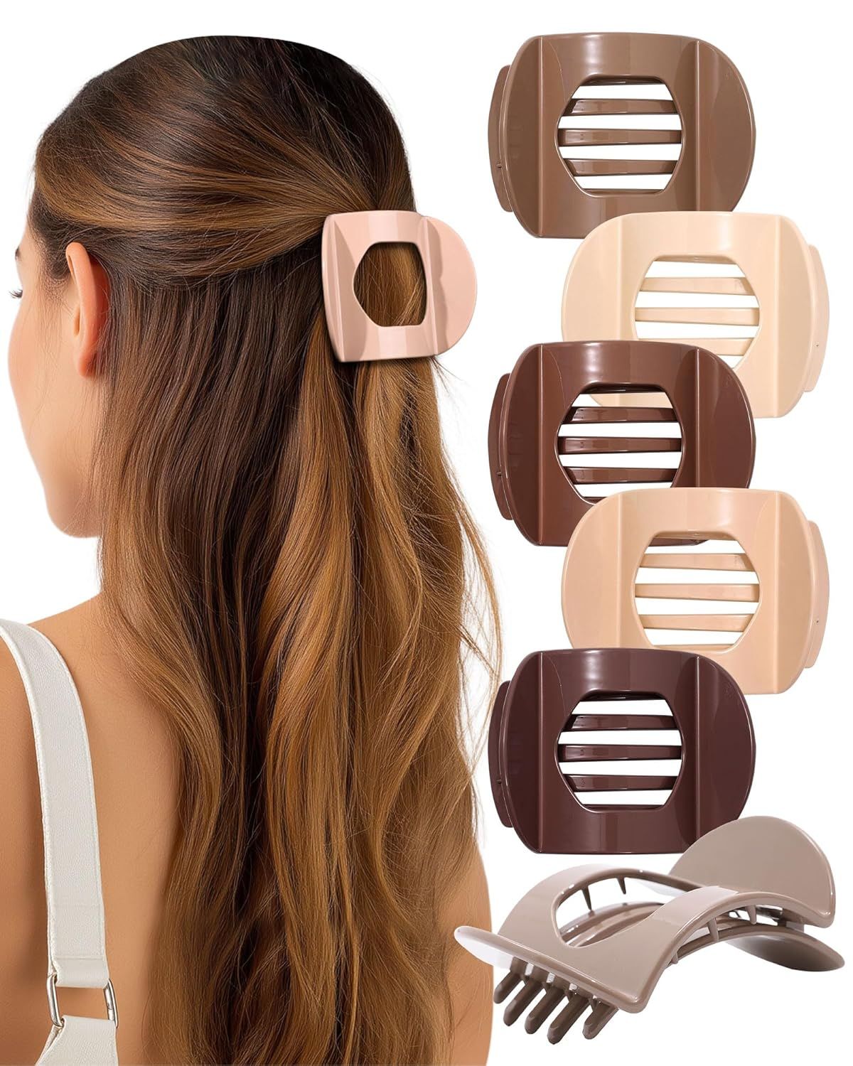 6Pcs lat Hair Clips or Women Strong Grip Curved Claw Clip or Thin Hair Non-slip Plastic Hair Barrettes ((Light Brown+Dark Brown+Light Brown+Dark