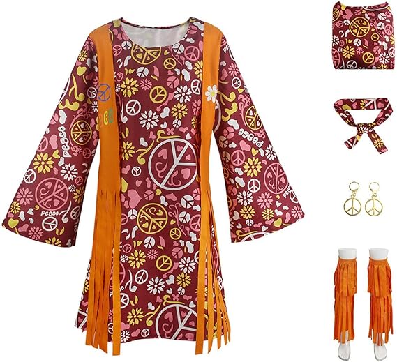 Hippie Disco 70s Costume for Women, Headband, Dress, Ankle Socks, Peace Symbol for Ladies Cosplay Party Orange L Orange L_max Orange L — image 3