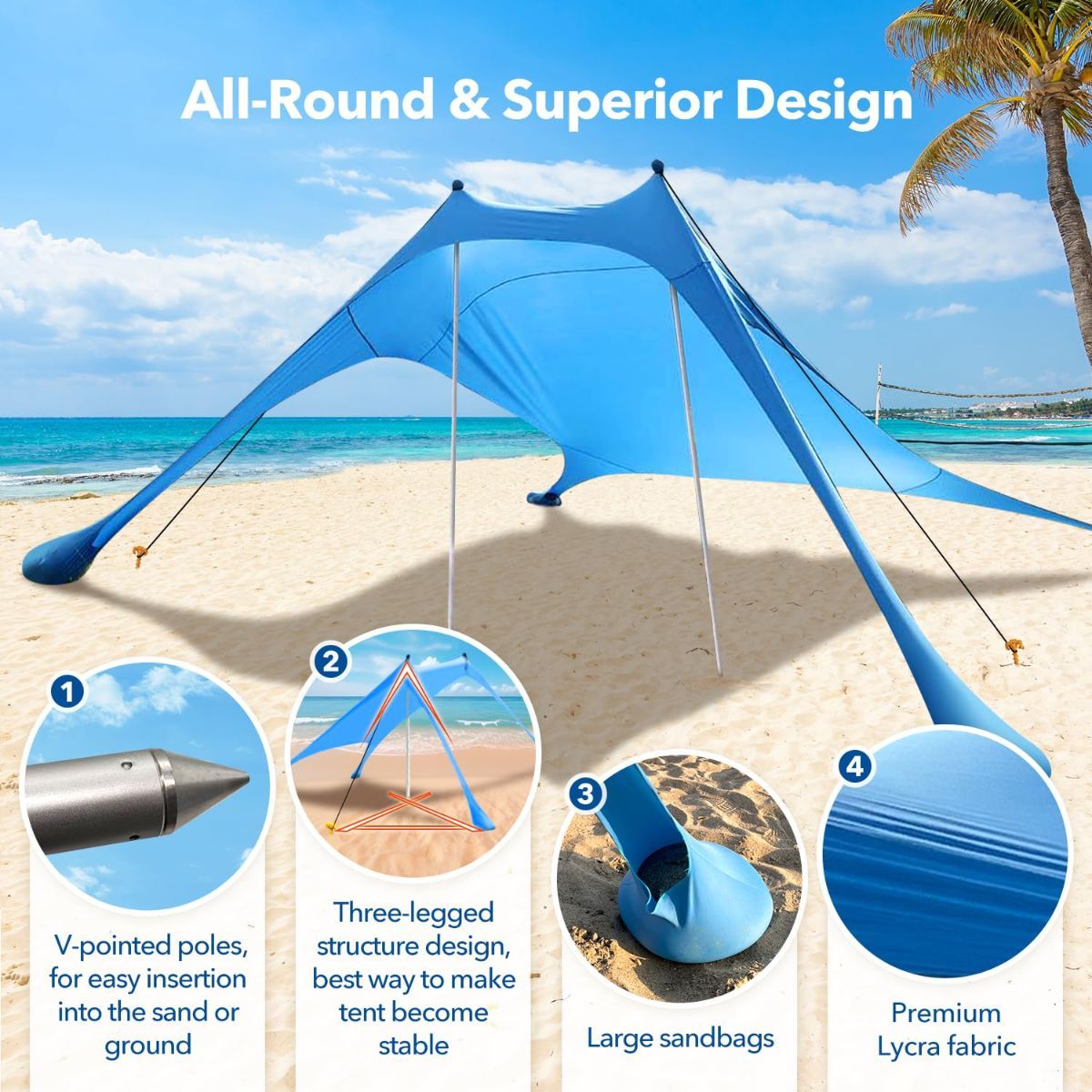 2 Poles Beach Tent Shade Canopy with UPF50+ Protection Sun Shelter Portable Camping Tents with Sandbags Poles and Ground Pegs and Anti-Wind Ropes — image 6
