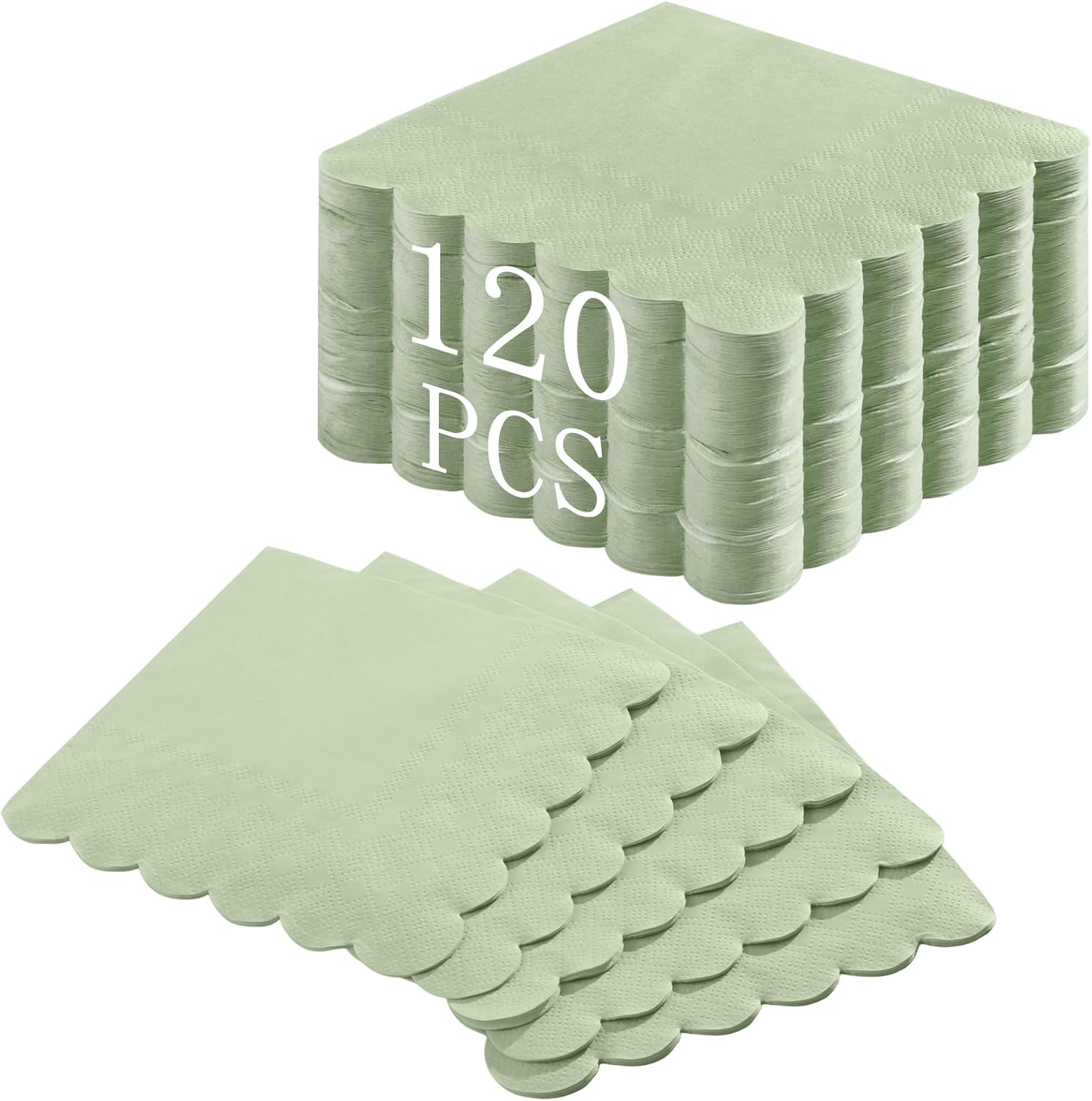 120 Pcs Cocktail Napkins Sage Green Wedding Napkins Disposable Baby Shower Scalloped Napkins for Bridal Shower, Birthday, 5 × 5 Inch