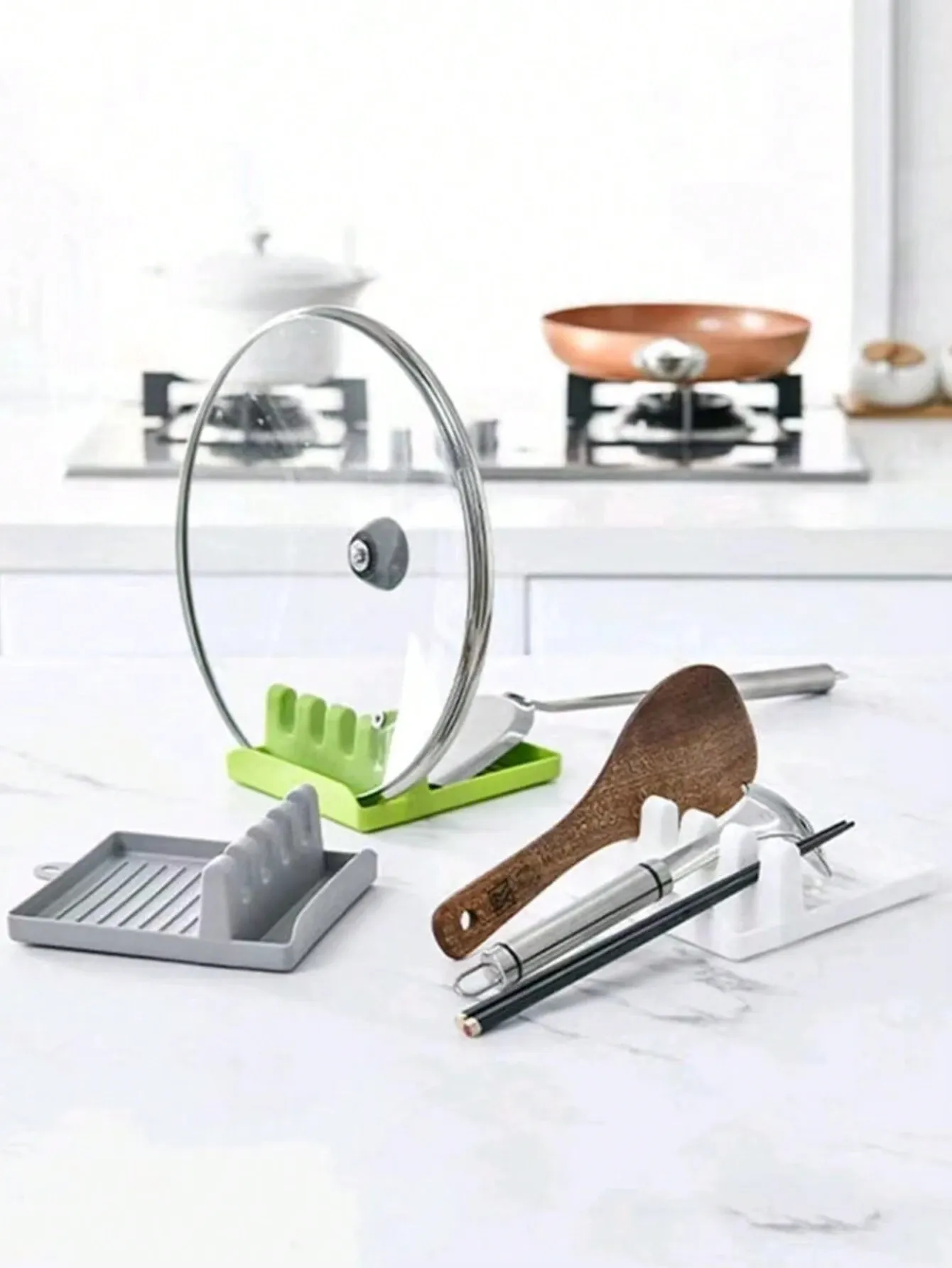 1pc Multifunctional Silicone Pot Lid Holder Serving As Spoon Rest Utensil Rack Pot Lid Rack Spatula Holder Kitchen Organizer Green — image 3
