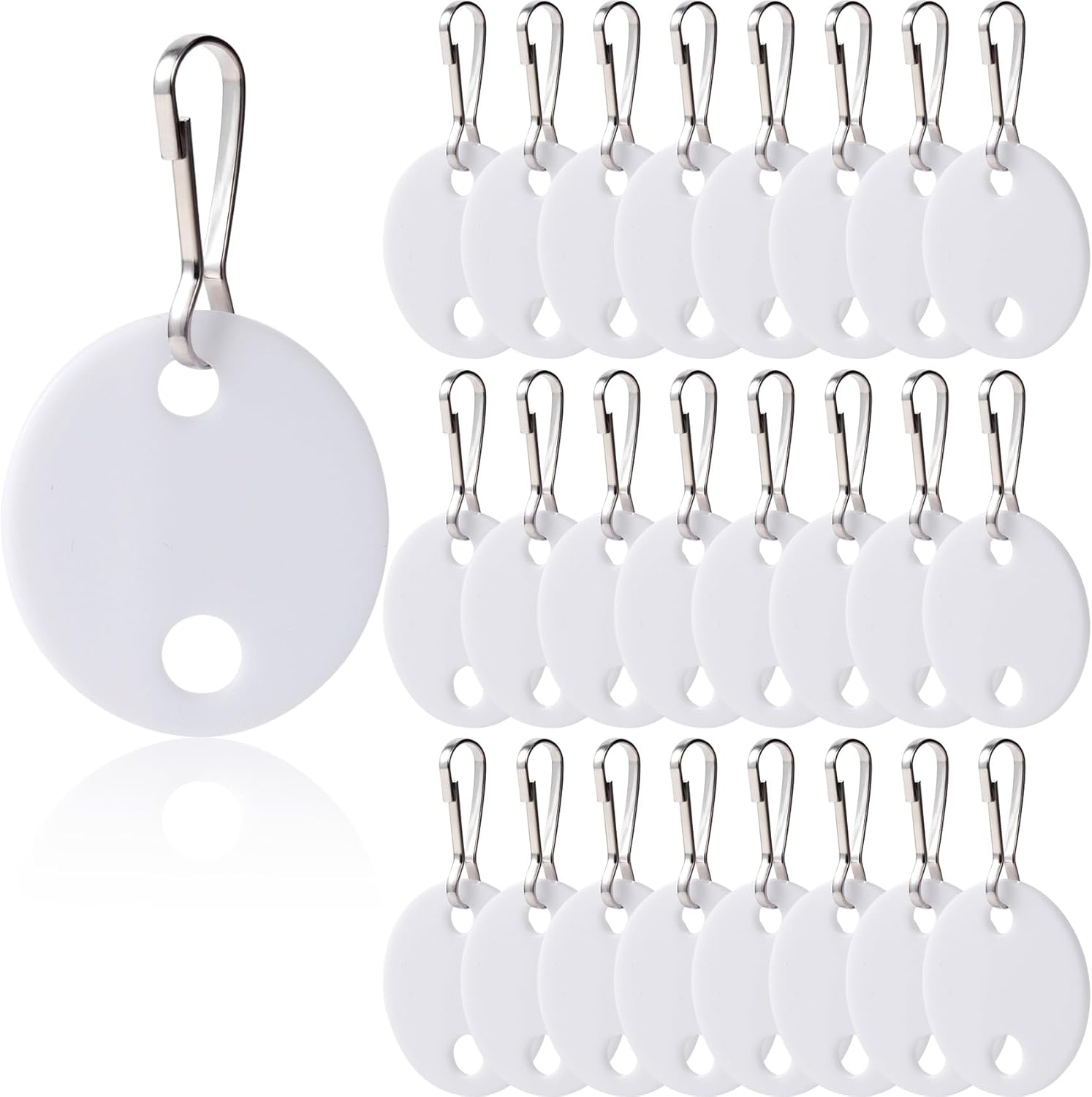 25pcs Key Tags Identifiers with Snap Hook, Double-Sided Writable Plastic Key Tags, Round Identifiers Marker Keychains for Office Home- White