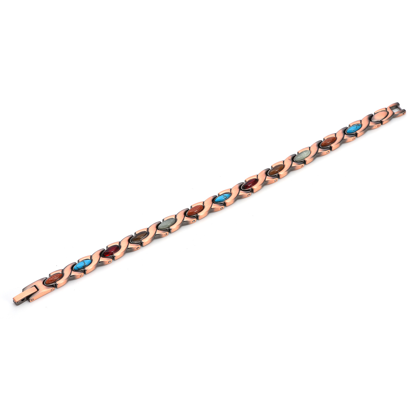Vintage Copper Tone Magnetic Bracelet Unisex Fish Link Chain with Colourful Stones 19.5cm Bangle for Men and Women Jewellery Gift — image 6