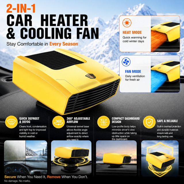 Yellow Compact Car Heater Fan with 360° Adjustable Base, Fast Defrost & Demister, Dual Mode Heat & Cooling Fan, Quiet Constant Tempe Dashboard Heater for Cars
