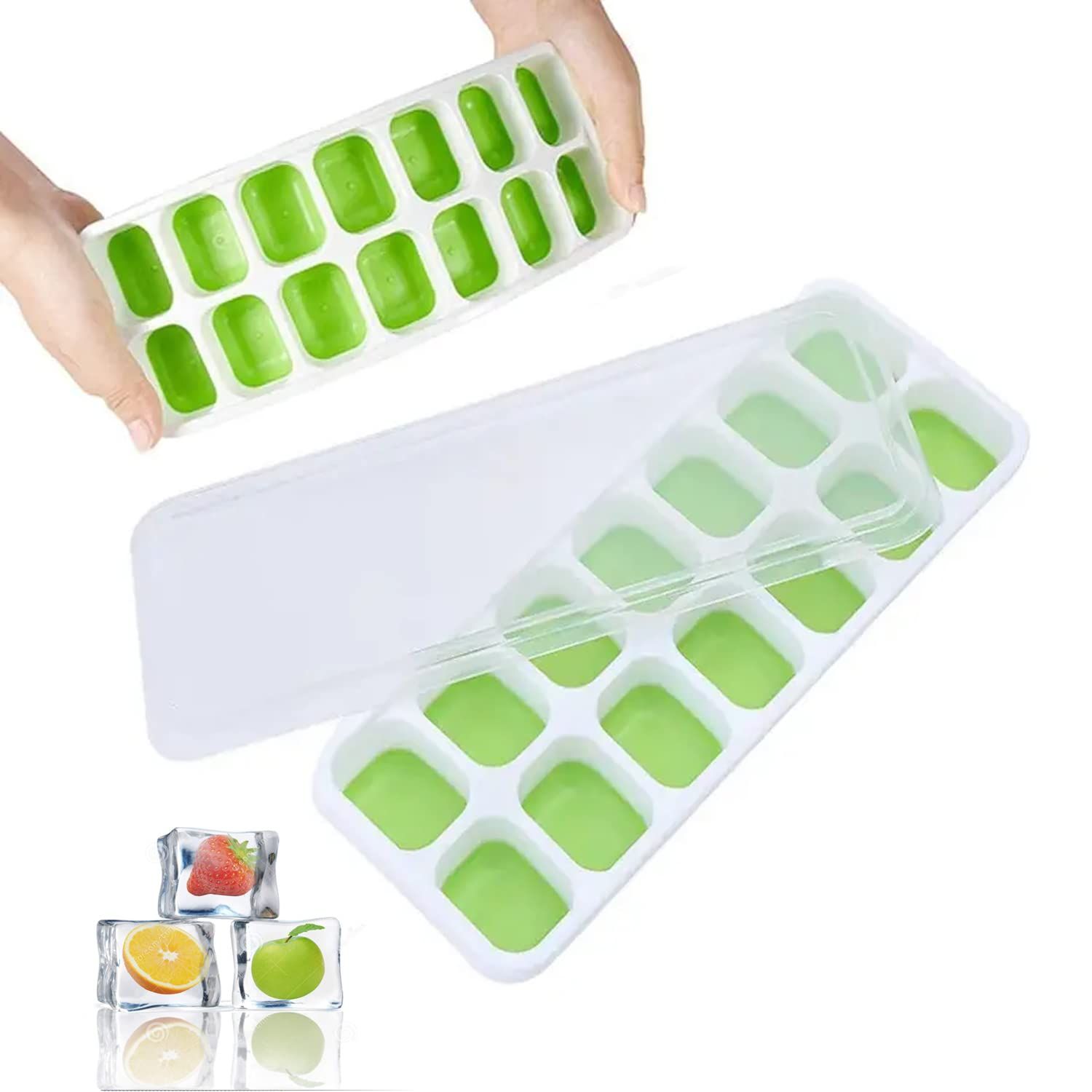 Ice Cube Trays with Lid and Bin Trays for Freezer 4 in1 Multi-function set with Spill-Resistant Cover, BPA Free Durable