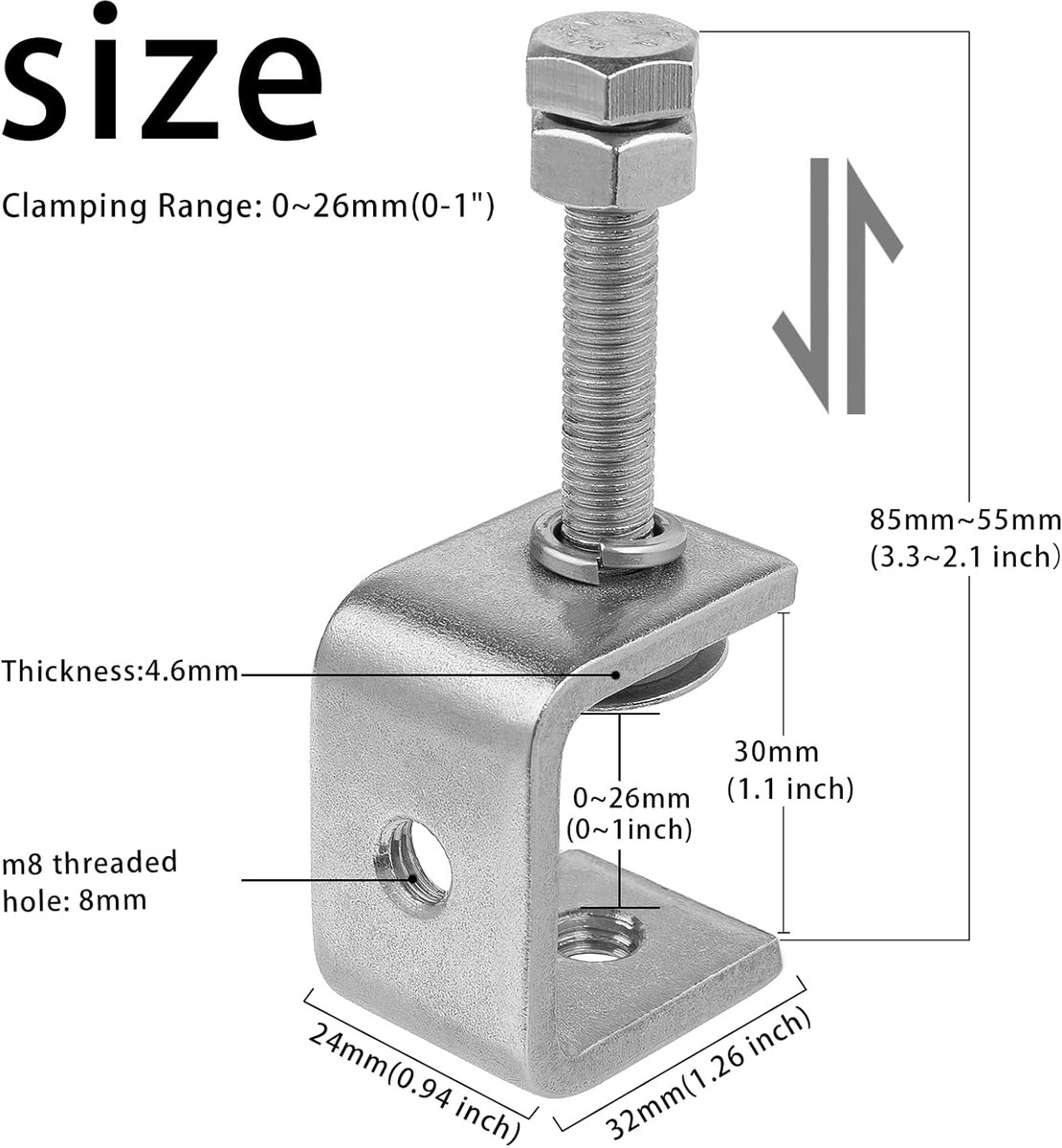 C-Clamps - Pack of 6 - With M8 Hexagon Bolts - Glue Clamps - Adjustable Clamping Range 0-25 mm - For Woodworking and Welding - Stainless Steel - Silver โ image 6