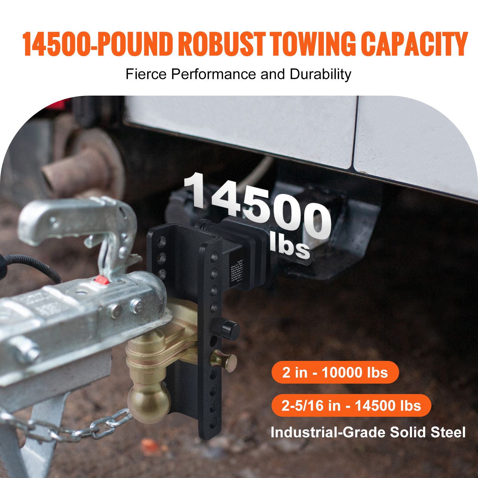 Adjustable Trailer Hitch, 203.2 mm Drop & 165.1 mm Rise Hitch Ball Mount with 63.5 mm Receiver, Solid Tube, 6577 kg GTW, 50.8 mm & 58.7 mm 45# Steel Tow Balls โ image 3