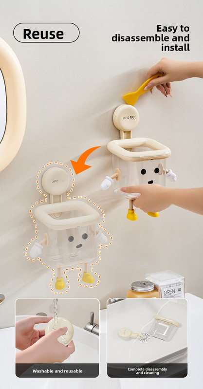 Cute Suction Cup Bathroom Organizer Wall Mounted Toothbrush Holder No Drill Storage Caddy with Drainage Holes for Electric Toothbrush Razor Toothpaste Cream โ image 4