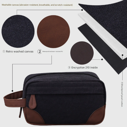 Khaki Men's Vintage Canvas Toiletry Bag PU Leather Accent Travel Wash Pouch Large Capacity Shaving Kit Organiser โ image 2