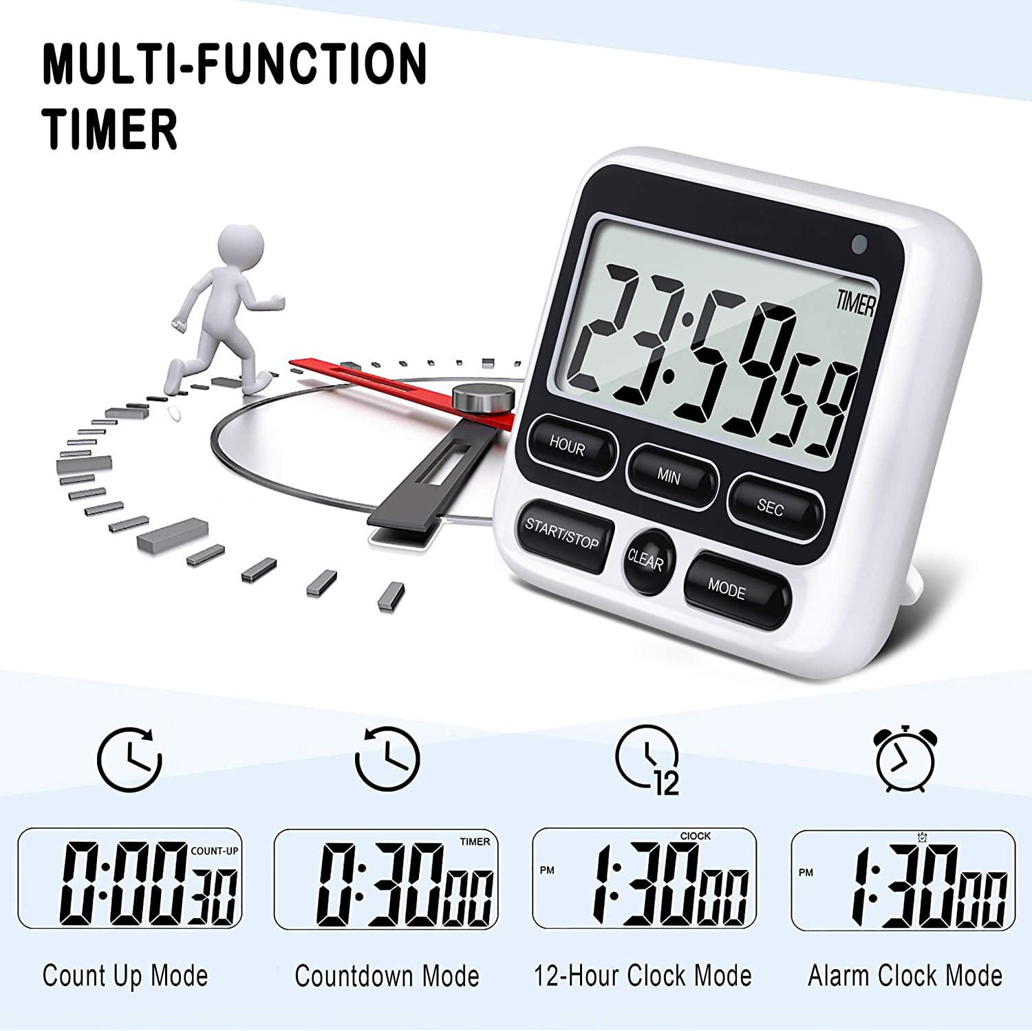 Digital Countdown Kitchen Timer -Count Up Down Magnetic Timer Clock for Cooking Baking Gym Students Black — image 4