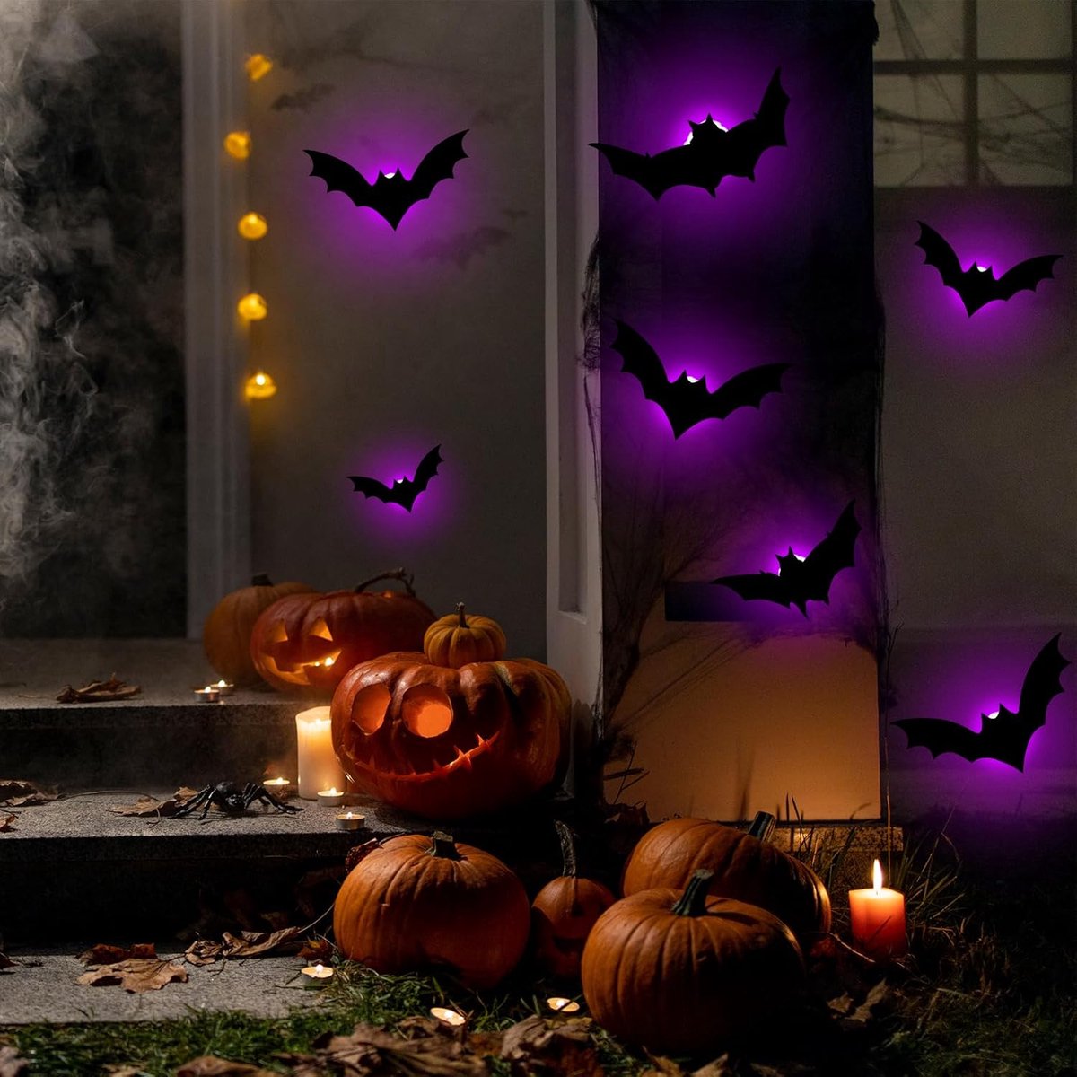 Halloween - 12-piece - Creative Bat Wall Decoration - Bat Decorative Lights - Illuminated 3D Bat - bat string lights - Stickers Various Sizes - for Halloween — image 5