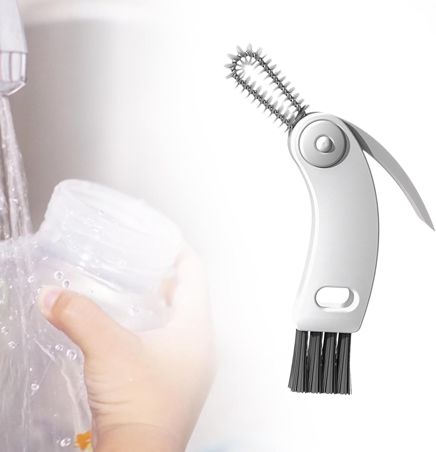 3-in-1 Bottle Cleaning Brush with Lid Brush, Crevice Scraper and Nylon Bristles for Cups, Tumblers and Water Bottles, Grey and White — image 4